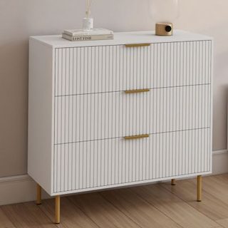 Commode 3 tiroirs MARCEL 80 cm lattes blanc et doré