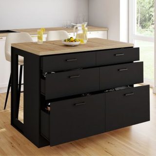 Ilot central mange-debout ORSO 120 cm casserolier 6 tiroirs noir avec plan de travail façon hêtre
