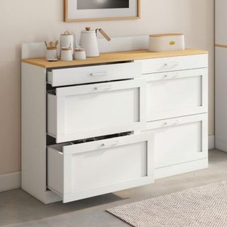 Buffet bas de cuisine 120 cm casserolier VITO plan de travail H.83 cm 6 tiroirs blanc et plateau façon hêtre