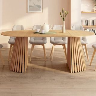 Table à manger extensible ronde CARMEN 4-10 personnes pied bois en lattes et plateau bois 110-200 cm