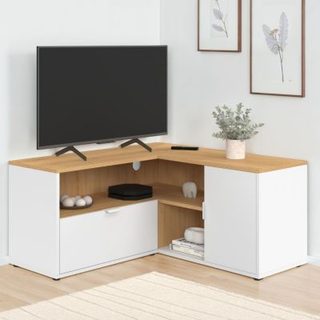 Meuble TV 90 x 90 cm d'angle BALTAZAR façon hêtre et blanc