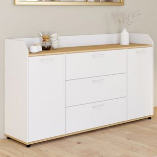 Buffet 140 cm JABA 4 portes avec rebord blanc et plateau bois façon hêtre