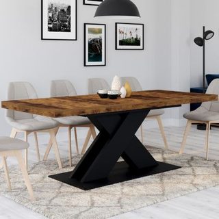 Table à manger extensible rectangle ALICIA 6-10 personnes bois foncé effet vieilli et noir 160-200 cm