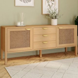 Buffet bas 140 cm EDHEN 2 portes et 3 tiroirs bois et cannage