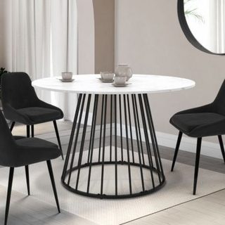 Table à manger ronde YUNA 6 personnes pied filaire en métal noir et plateau effet marbre blanc ALASKA 110 cm