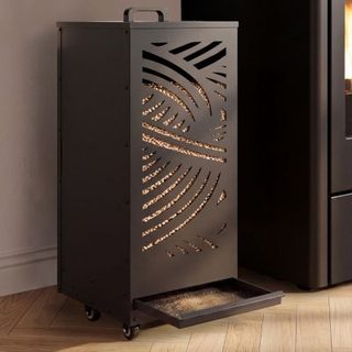Réservoir à granulés 55 kg noir rangement à pellets 35 x 35 x 87 cm avec tiroir et motif