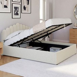 Lit coffre double NOELIE avec tête de lit et sommier 140 x 190 cm tissu bouclette blanc
