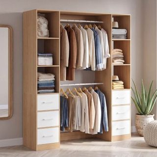 Dressing double penderie + double colonne L. 140 cm UPPAH avec 6 étagères et 6 bacs en tissu bois et blanc