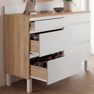 Buffet bas double casserolier de cuisine 120 cm CLAUDE plan de travail H. 83 cm 6 tiroirs bois et blanc