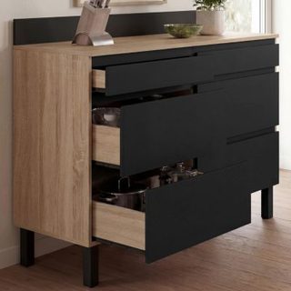 Buffet bas double casserolier de cuisine 120 cm CLAUDE plan de travail H. 83 cm 6 tiroirs bois et noir