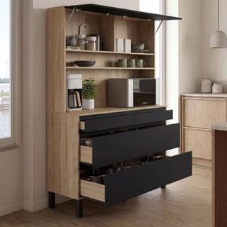 Buffet double casserolier de cuisine 120 cm CLAUDE 6 tiroirs + 1 placard bois et noir