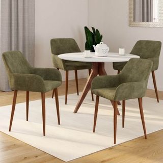 Lot de 4 chaises RORY en tissu chenille verte pieds noyer pour salle à manger
