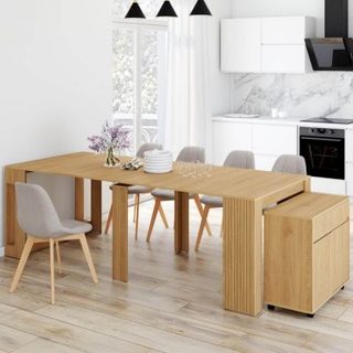 Table buffet extensible JULIETTE 10 personnes 235 cm effet lattes tasseau bois coloris chêne