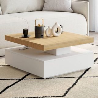 Table basse carrée pivotante THEA 70 cm bois et blanc
