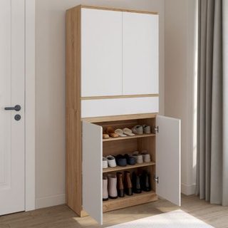 Armoire à chaussures 24 paires TOMI 4 portes 1 tiroir façon hêtre et blanc