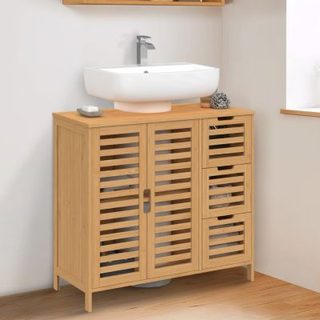 Meuble sous lavabo salle de bain bambou BEA avec placard et 3 tiroirs