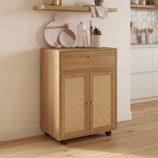 Desserte de cuisine HANAE tiroir effet bois et placard en cannage L.60 cm