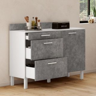Buffet bas casserolier de cuisine 120 cm CINA plan de travail H.83 cm 1 porte + 3 tiroirs blanc et effet béton