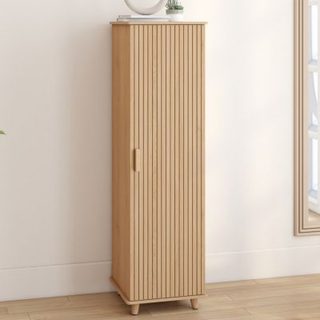 Armoire de rangement JULIETTE 1 porte 3 étagères effet lattes tasseau bois coloris chêne