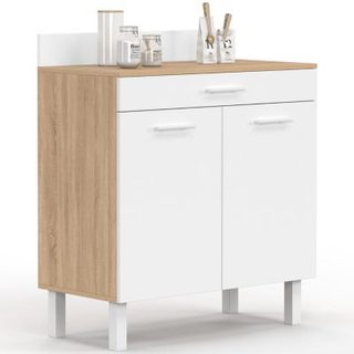 Buffet bas de cuisine 80 cm CINA plan de travail H.83 cm 2 portes + tiroir façon hêtre et blanc