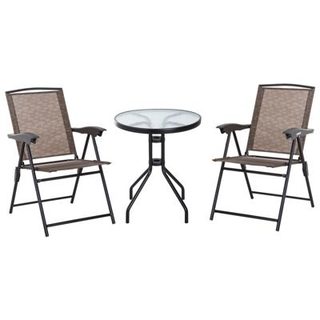 Ensemble de jardin 3 pcs 2 chaises inclinables multipostions pliables table ronde verre trempé métal textilène chocolat