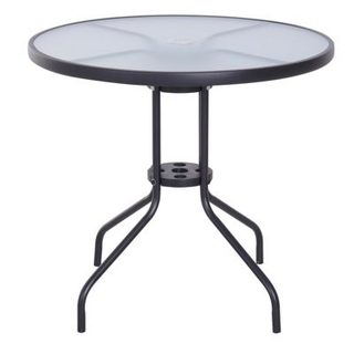 Table ronde bistro de jardin dia. 80 x 72H cm espace installation parasol acier époxy noir plateau verre trempé