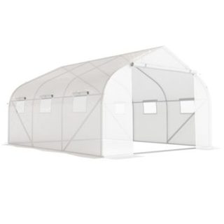 Serre tunnel de jardin dim. 4,45L x 2,99l x 2H m porte + 6 fenêtres enroulables acier galvanisé bâche PE haute densité blanc