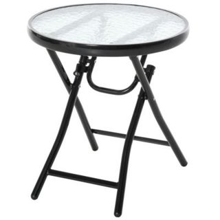 Table basse ronde bistro de jardin dia. 45 x 50H cm pliable métal époxy noir plateau verre trempé
