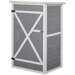 Armoire abri de jardin - grande porte verrouillable loquet - 2 étagères - toit bitumé incliné bois de sapin blanc gris