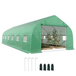 Serre tunnel grande taille 24 m² châssis tubulaire acier galvanisé renforcé 2,4 cm 12 fenêtres 1 porte vert