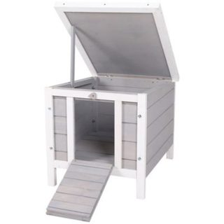 Clapier lapin niche sur pied - rampe porte verrouillable, toit ouvrant bitumé incliné - bois gris blanc