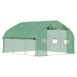 Serre de jardin tunnel 10,4 m² - 6 fenêtres et porte zippée avec moustiquaires - acier galvanisé PE vert