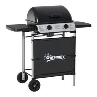 Barbecue gaz 2 brûleurs 2,8kW avec couvercle - grille, récupérateur graisse, 2 tablettes latérales, 2 roues - gris noir