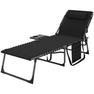 Bain de soleil transat pliable inclinable avec poignée, plateau et pochette rangement acier oxford noir