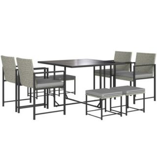 Ensemble salon de jardin 8 places 9 pièces - 4 fauteuils, 4 tabourets, table à manger - acier résine tressée gris