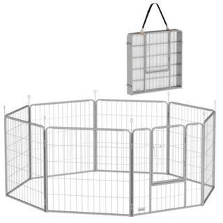 Parc enclos chien modulable pliable 8 panneaux porte verrouillable acier époxy gris