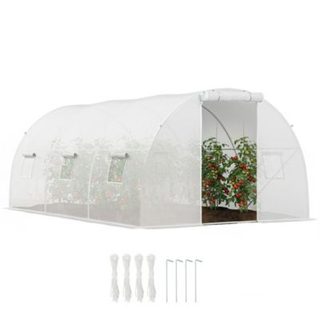 Serre tunnel 13,5 m² dim. 4,5 x 3 x 2 m - 6 fenêtres, porte zippée enroulable - acier galvanisé PE haute densité blanc