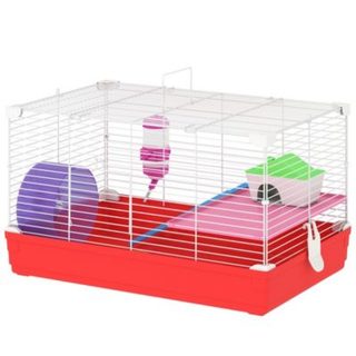 Cage rongeur hamster 2 niveaux cabane roue échelle biberon mangeoire 47 x 30 x 27 cm blanc rouge