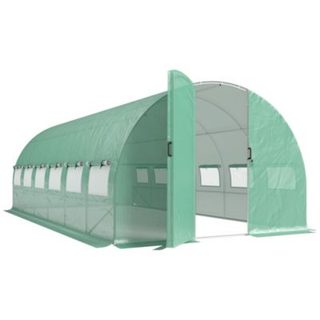 Serre tunnel de jardin 18 m² porte 12 fenêtres enroulables acier PE vert