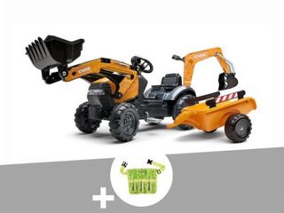 Tractopelle enfant Case CE avec remorque + excavatrice 2 à 5 ans + ceinture avec outils de jardin enfants - Falk