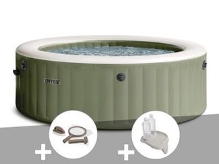 Kit spa gonflable Intex PureSpa Olive rond Bulles 6 places + Kit d'entretien + Porte-verre