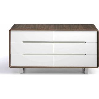 Commode bois 6 tiroirs laqué inserts et pieds acier inoxydable chromé 150 x 70 x 49 cm Noyer, blanc, acier