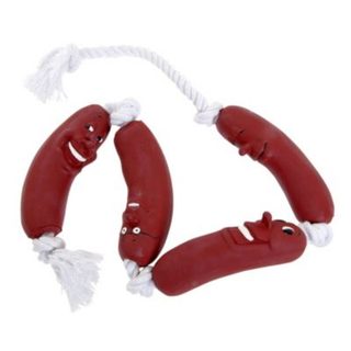 Jouet saucisse en latex sur corde avec 6 noeuds pour chien