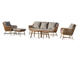 Salon bas de jardin 5 places alu aspect bois, teck et corde tissée - PALMAS