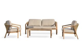 Salon bas de jardin 5 pl en aluminium imitation bois, coussins - GOYA