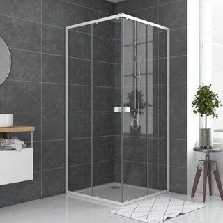 Porte de douche en angle blanc largeur extensible de 70 à 90 cm, H.185 cm, verre transparent, profilé blanc, Galedo Spot