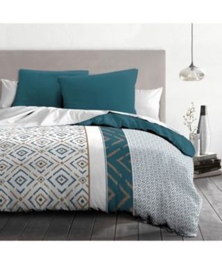 Housse de couette HOME LINGE PASSION microfibre Ethno 240x260 bleu canard + 2 taies 63x63