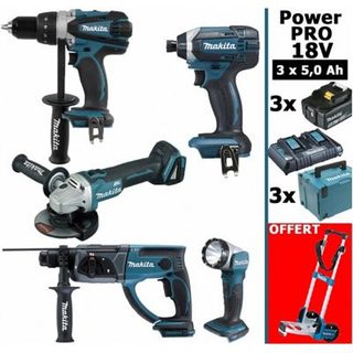 Pack Makita Power PRO 18V: DDF458 DHR202 DGA504 DTD152 Lampe Torche 3 batt 5Ah 3 coffrets OFFERT 1 chariot diable MAKITA