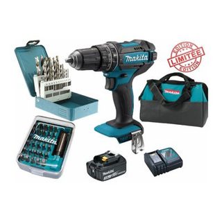 Pack Perceuse visseuse à percussion Makita 18V 62Nm DHP482 + 1 batt 3 Ah + 30 embouts de vissage + 18 forets + sac