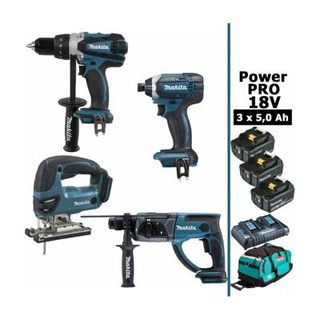 Pack Power PRO 18V 5Ah : Perceuse DDF458 + Perfo DHR202 + Visseuse à chocs DTD152 + Scie sauteuse DJV180 + 2 batt + sac MAKITA